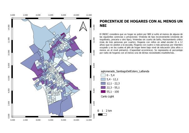 Mapa temático con el porcentaje de hogares con necesidades básicas insatisfechas por zona